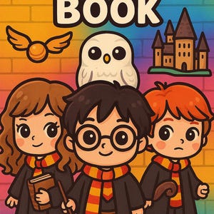 Könnte beinhalten: Farbenfrohe Illustration für ein Malbuch. Das Bild zeigt drei Cartoon-Charaktere in schwarzen Roben und gestreiften Schals. Auf dem Cover steht "COLORING BOOK". Eine Eule, ein Schloss und ein goldener Schnatz sind ebenfalls abgebildet.