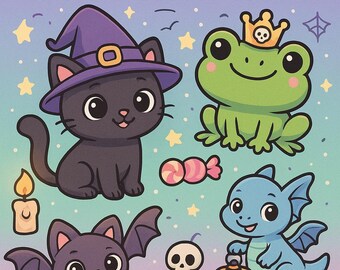 May include: Illustration with the text "SPOOKY CUTE ANIMALS" above cartoon images of a black cat in a witch hat, a frog with a crown, a bat, a blue dragon, an owl, and skulls. A candle, candy, and a spell book are also shown.