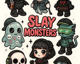 Puede incluir: Ilustración con monstruos de dibujos animados, incluyendo un murciélago con corona, un fantasma, un gato con gafas y un personaje de calavera. El texto "SLAY MONSTERS" está en el centro. Los personajes son de estilo gótico y lindo.