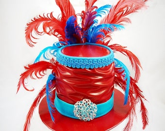 Red Mini Top Hat, Costume Hat, Wedding Hat, Steampunk Hat, Festival Hat, Victorian Wedding, Steampunk Wedding, Burning Man Costume