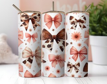 Coquette Tumbler Wrap PNG: Pink Bows & Plaid (Digital Download 20oz Skinny Tumbler Sublimation Design)