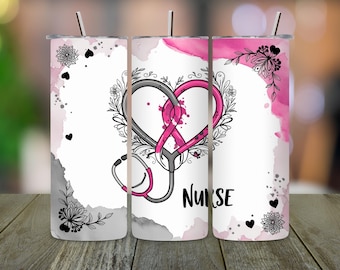 Funda para vaso rosa con diseño de vida de enfermera, estilo doodle sin costuras (descarga digital)