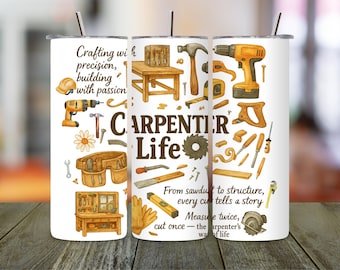Carpenter Life タンブラーラップ、水彩画風木工デザイン（PNG デジタルダウンロード）