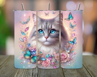 Fantasy Cat Tumbler Wrap: Butterfly Roses Design (PNG Digital Download)