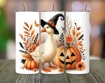 Tumbler Wrap di Halloween a forma di oca: cappello da strega, zucca, PNG (download digitale 9,3x8,2 pollici)