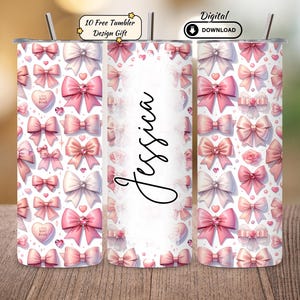 May include: A personalized tumbler featuring a pattern of pink and white bows, hearts, and roses on a white background. The name "Jessica" is written in cursive. Includes a straw and the text "10 Free Tumbler Design Gift" and "Digital Download".