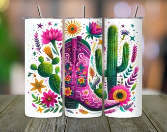 Pink Cowgirl Boot Tumbler Wrap: Western Floral Sublimation Design (PNG Digital Download)