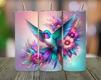 Hummingbird Tumbler Wrap PNG: bloemensublimatieontwerp (digitale download)