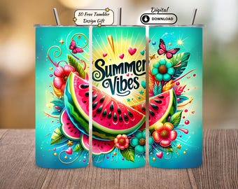 Envoltorio floral de sandía para vaso: Diseño de sublimación con ambiente veraniego (descarga digital PNG)