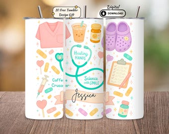 Emballage personnalisé pour gobelet pour infirmière PNG : Design fin par sublimation, 20 oz (téléchargement numérique