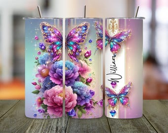 Envoltura para vaso con gemas de mariposa: Diseño floral de sublimación (descarga digital PNG)