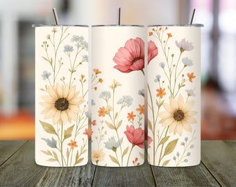 Envoltura para vaso con diseño de flores silvestres en acuarela: Diseño floral vibrante por sublimación (descarga digital PNG)
