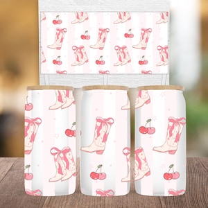 Pink Cowgirl Bow Libbey Glass Wrap PNG, 16 oz Western Tumbler Sublimation Design for Country Girl Gift , Digital Download