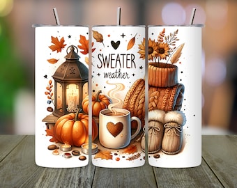 Sweater Weather Tumbler Wrap: Fall Coffee, Pumpkins, Autumn Leaves (PNG Digital Download)