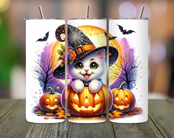 ハロウィン猫タンブラー昇華デザイン：魔女帽子カボチャ（PNGデジタルダウンロード 20オンスラップ）