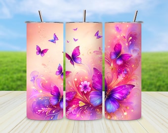 Pink Butterfly Tumbler Wrap: 20oz Skinny Sublimation Design (PNG Digital Download)