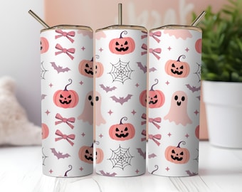 Pink Halloween Tumbler Wrap: Ghost, Pumpkin, Spiderweb (20 oz Skinny - Digital Download)