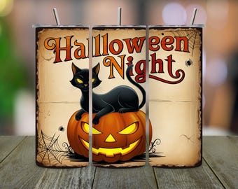 ハロウィン猫タンブラー昇華デザイン：20オンス スキニータンブラーラップ（PNG デジタルダウンロード）