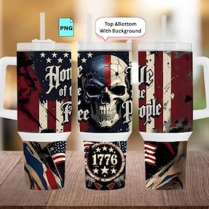 May include: Three white handled tumblers with patriotic designs. One features the text "Home of the Free", another a skull, and the third "We the People". Each has a white lid and straw, with American flag and 1776 imagery.