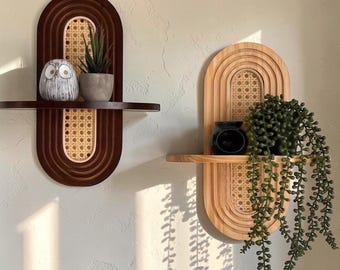 Arched Boho Floating Shelf, Wood Rattan Wall Hanging for Plants & Photo Decor