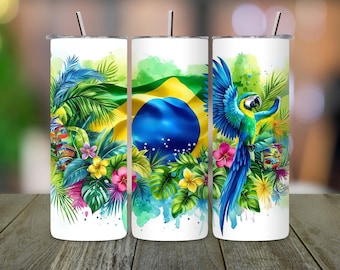 Envoltura para vaso con diseño de loro y bandera de Brasil: Diseño tropical de sublimación (descarga digital)
