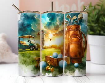 Golf Tumbler Wrap PNG: Golfer & Landscape Sublimation Design (Digital Download)
