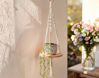 Boho Hanging Plant Shelf, Macrame Floating Holder for Pot Candle Decor