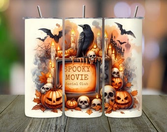 Tumbler avvolgente di Halloween con film spettrale: design horror retrò (download digitale PNG, bicchiere sottile da 20 once)