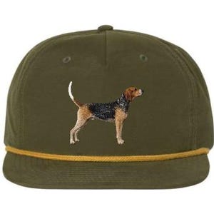May include: Olive green baseball cap with a gold rope brim. The cap features an embroidered image of a dog with brown, black, and tan fur. The dog is standing in profile.