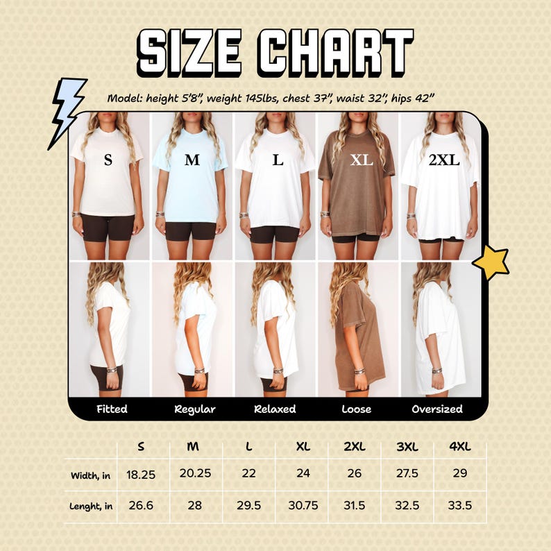 The image is a size chart that shows different sizes of t-shirts for women, including regular, relaxed, loose, and oversized. The chart provides measurements for each size, such as chest, waist, hips, and length, along with corresponding widths in inches.