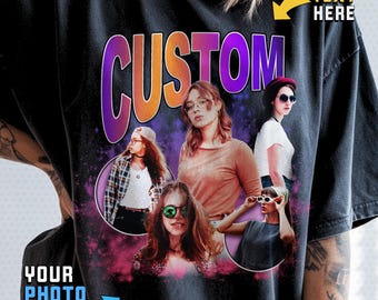 May include: Black t-shirt with a custom design featuring the word "CUSTOM" in orange and purple, and a collage of four people. The shirt includes text prompts "YOUR TEXT HERE" and "YOUR PHOTO HERE".