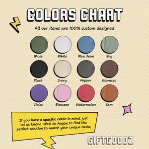 The image is a colorful chart with various colored circles representing different colors, along with a speech bubble that says "If you have a specific color in mind, just let us know! We'll be happy to find the perfect solution to match your unique taste."