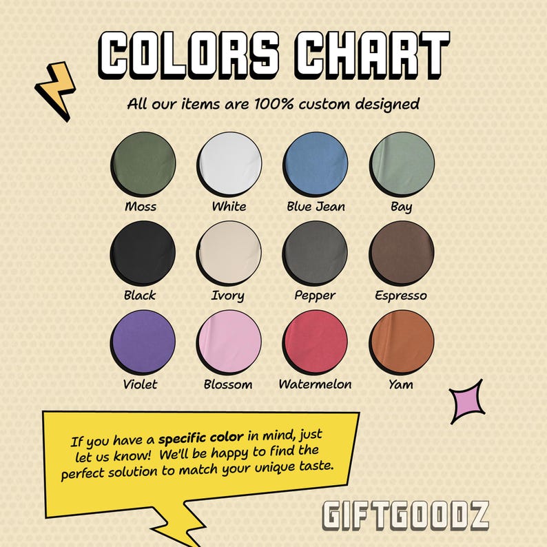 The image is a colorful chart with various colored circles representing different colors, along with a speech bubble that says "If you have a specific color in mind, just let us know! We'll be happy to find the perfect solution to match your unique taste."
