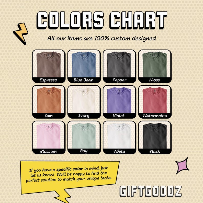 The image is a colorful chart displaying various t-shirt colors, along with a message encouraging customers to have a specific color in mind to find the perfect solution.