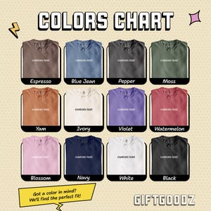 The image is a color chart displaying various t-shirt colors, along with their corresponding names.