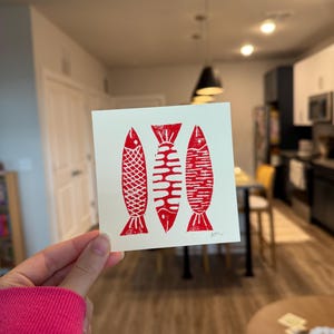 Handmade Sardine Linocut Print: Colorful Stamp Art, 4x4