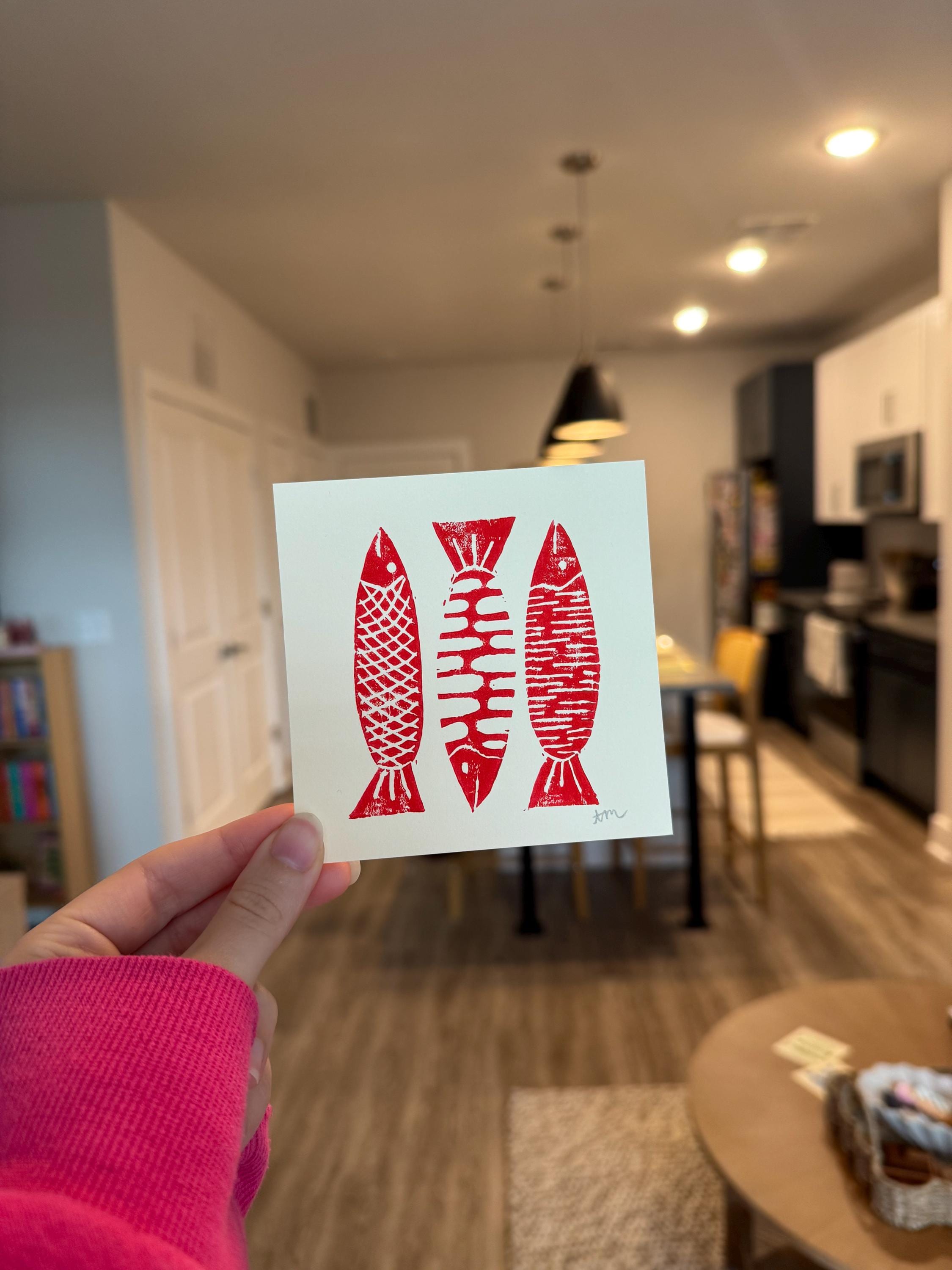 Handmade Sardine Linocut Print: Colorful Stamp Art, 4x4