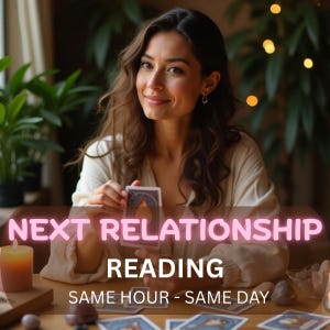 以下が含まれることがあります： 「NEXT RELATIONSHIP READING SAME HOUR - SAME DAY」のテキストが入ったタロットカードを持つ女性。温かい雰囲気で、背景にはキャンドルと植物があります。