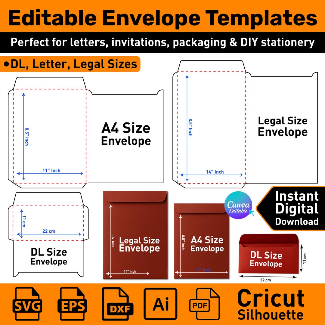 Envelope Template Bundle: DL, Letter, Legal Sizes (SVG, PDF, Canva ...