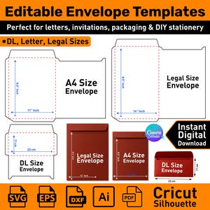 Plantilla de sobre tamaño carta legal DL / Troquelado SVG editable para embalaje / Diseño de sobre imprimible / Archivos de silueta Cricut