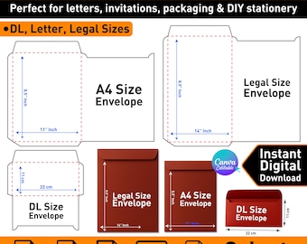 Envelope Template Bundle: DL, Letter, Legal Sizes (SVG, PDF, Canva Editable) Digital Download