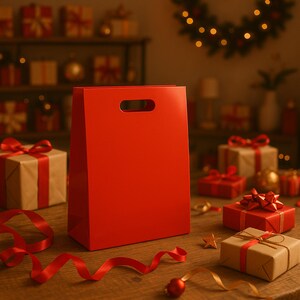 May include: A bright red gift bag with a die-cut handle stands on a wooden surface, surrounded by wrapped presents and ribbons. The scene evokes a festive holiday atmosphere, with a focus on gift-giving and celebration.