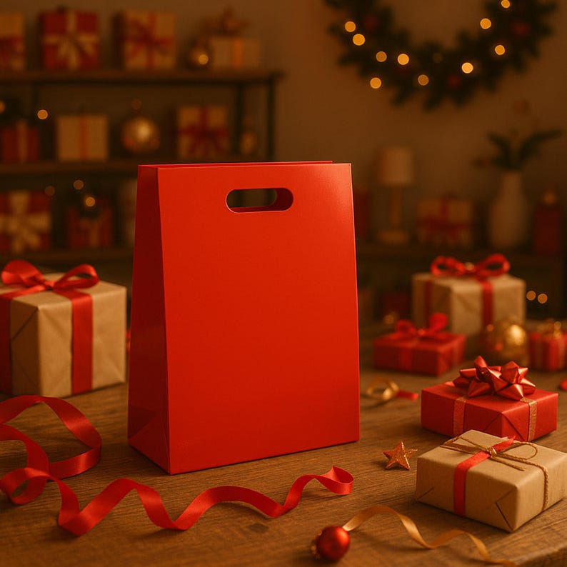 May include: A bright red gift bag with a die-cut handle stands on a wooden surface, surrounded by wrapped presents and ribbons. The scene evokes a festive holiday atmosphere, with a focus on gift-giving and celebration.