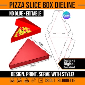 May include: A digital dieline template for a triangular pizza slice box. The red box measures 13 inches long, 4.3 inches wide, and 1 inch high. The graphic includes a flat black and white outline of the box structure and a red box containing a pizza slice.