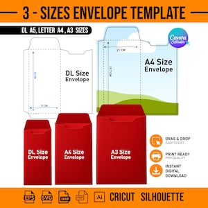 May include: A digital template for 3 sizes of envelopes including DL, A4, and A3. The graphic displays technical line drawings with dimensions of 22 cm by 11 cm and 29.7 cm by 21 cm, alongside three red envelope examples and icons for file formats.