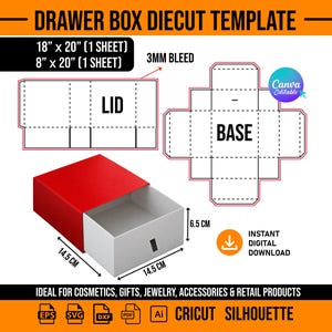Könnte beinhalten: Eine Stanzvorlage für eine Schubladenschachtel mit rotem Deckel und weißem Unterteil. Die digitale Datei enthält Maße von 45,72 cm x 50,8 cm und 20,32 cm x 50,8 cm mit 3 mm Beschnitt. Die zusammengebaute Schachtel misst 14,5 cm x 14,5 cm x 6,5 cm.