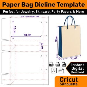 Gabarit de découpe pour sac en papier 12 x 6 x 18 cm | Sac cadeau imprimable SVG PDF | Fichier de découpe Cricut pour emballage de bricolage | Modèle de sac de petite entreprise