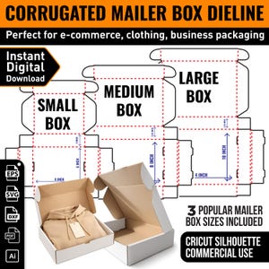 May include: A diagram of corrugated mailer box dielines with three sizes: small, medium, and large. The image includes dimensions in inches and shows a hoodie inside a box. Text includes "Instant Digital Download" and "3 Popular Mailer Box Sizes Included."