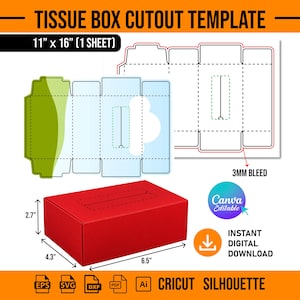 May include: A digital tissue box cutout template featuring a 11 inch by 16 inch sheet layout with a 3mm bleed. The design includes a red rectangular tissue box with dimensions of 6.5 inches by 4.3 inches by 2.7 inches, compatible with Cricut and Silhouette.