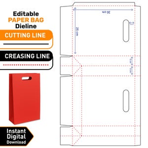 May include: A red paper bag with a die-line template, featuring a handle cutout. The template includes cutting and creasing lines, with dimensions of 25 cm x 30 cm. Text includes "Editable PAPER BAG Dieline" and "Instant Digital Download."